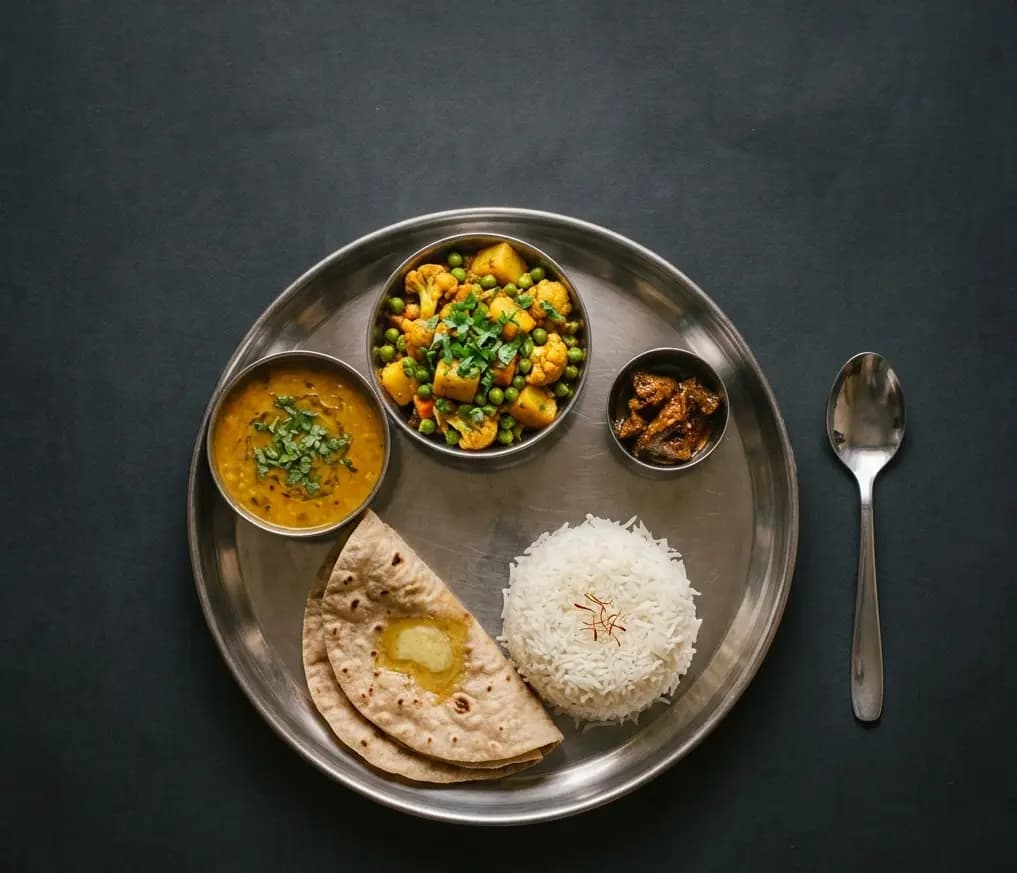 A home-cooked thali served on a plate, with a fork and spoon beside it